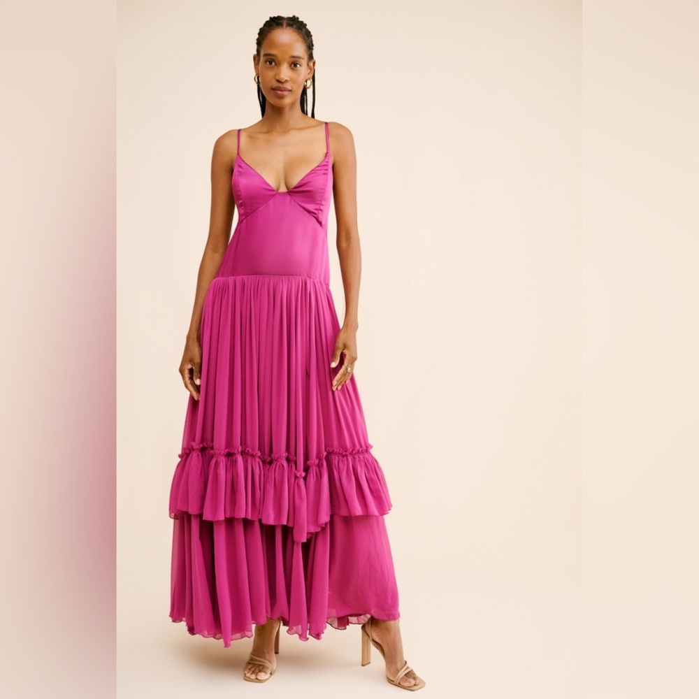 Free People Plum Soliana Drop Waist Satin Tiered Maxi Dress Size Large NWT - Picture 3 of 7